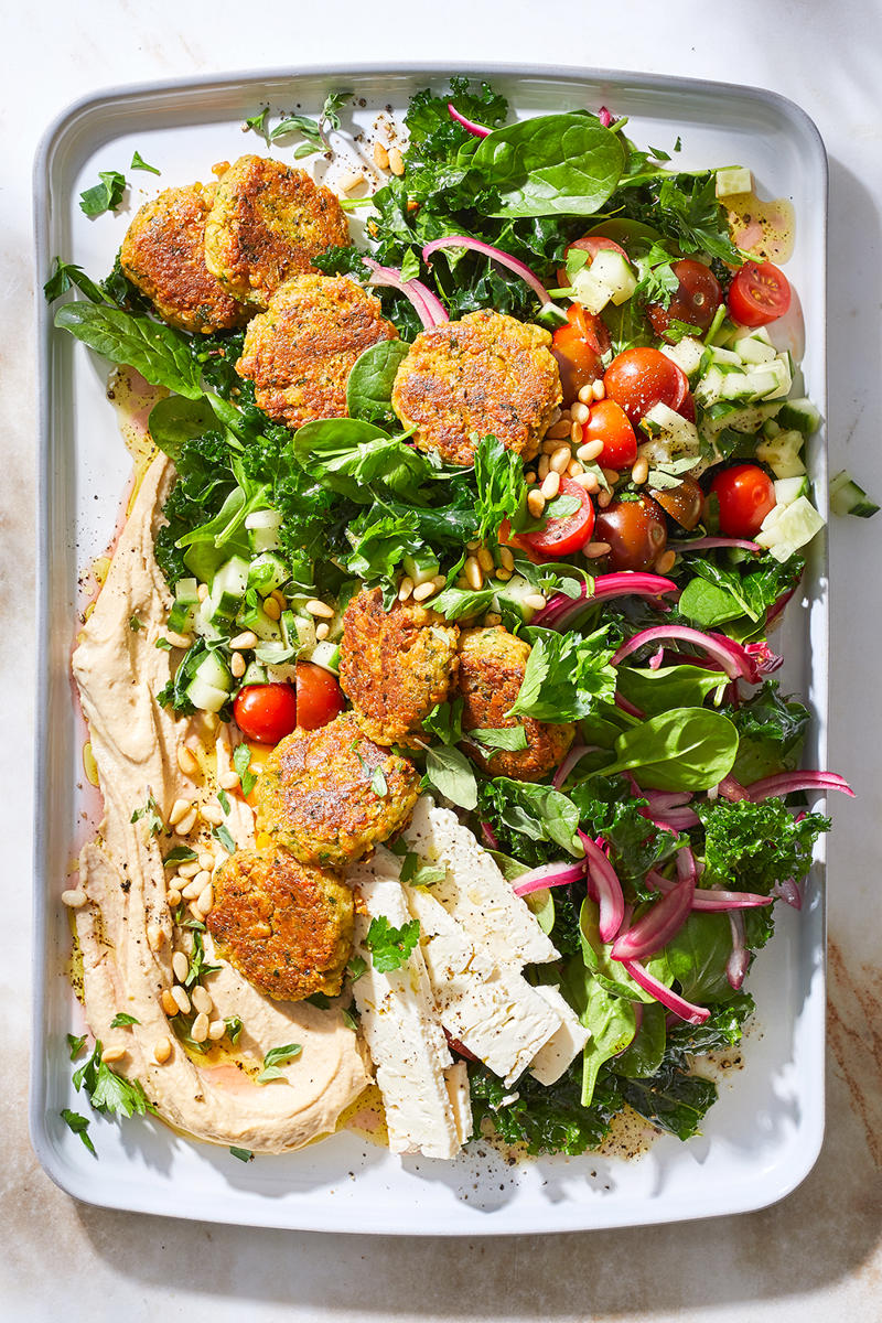 100 healthy dinner recipes your family will love, Eggplant pillows (Cuscini di melanzane) , Ginger fish stir fry , Grilled salmon and cos salad , Kale falafel salad with toasted pine nuts and hummus