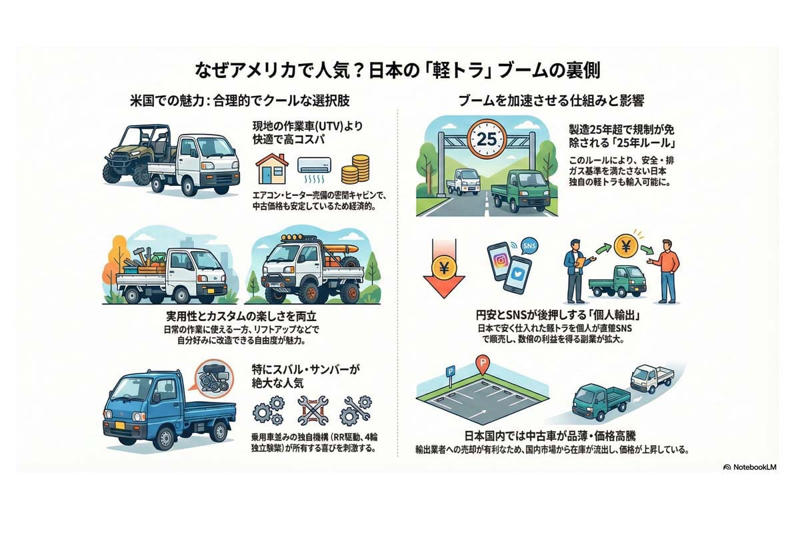 米国で異様に熱狂する日本の軽トラック, 25年ルールが開いた古き軽トラの市場, 軽トラがUTVを上回る実用性, 個人が担う輸出ビジネスの台頭, 国内から消える軽トラ、外貨を稼ぐ存在, ガラパゴス規格が世界で評価される逆説