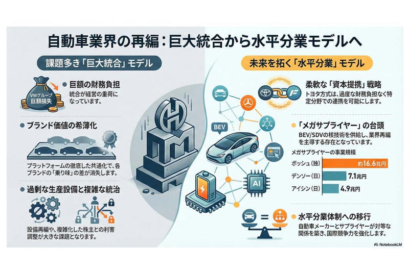 共通化が生むコスト削減とブランド希薄化, 対等合併で生まれた課題, 資本提携が選ばれる現実的理由, サプライヤーとIT企業が握る主導権, 水平分業への転換が迫られる構造