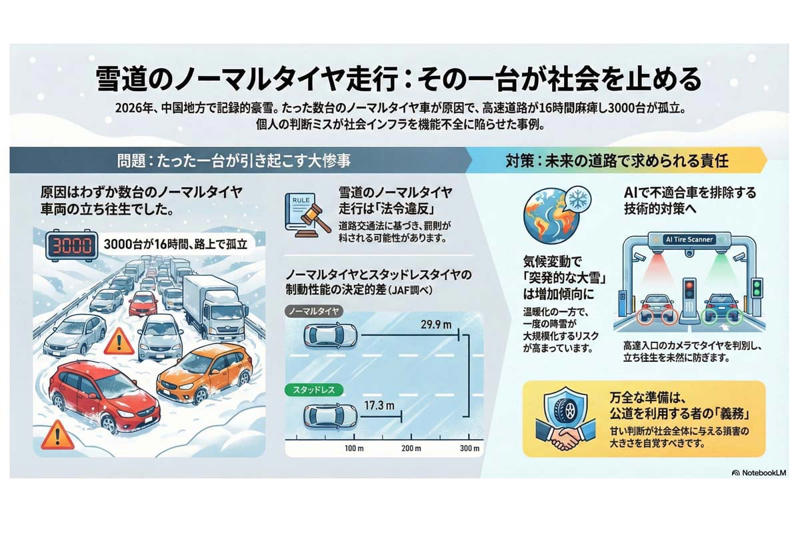 中国地方を襲った年始の豪雪と道路渋滞, タイヤ選びで大きく変わる雪道リスク, 法令でも定められる雪道の安全対策, 雪道リスクを高める急激な気候変化, 共有財としての道路を守るための選択