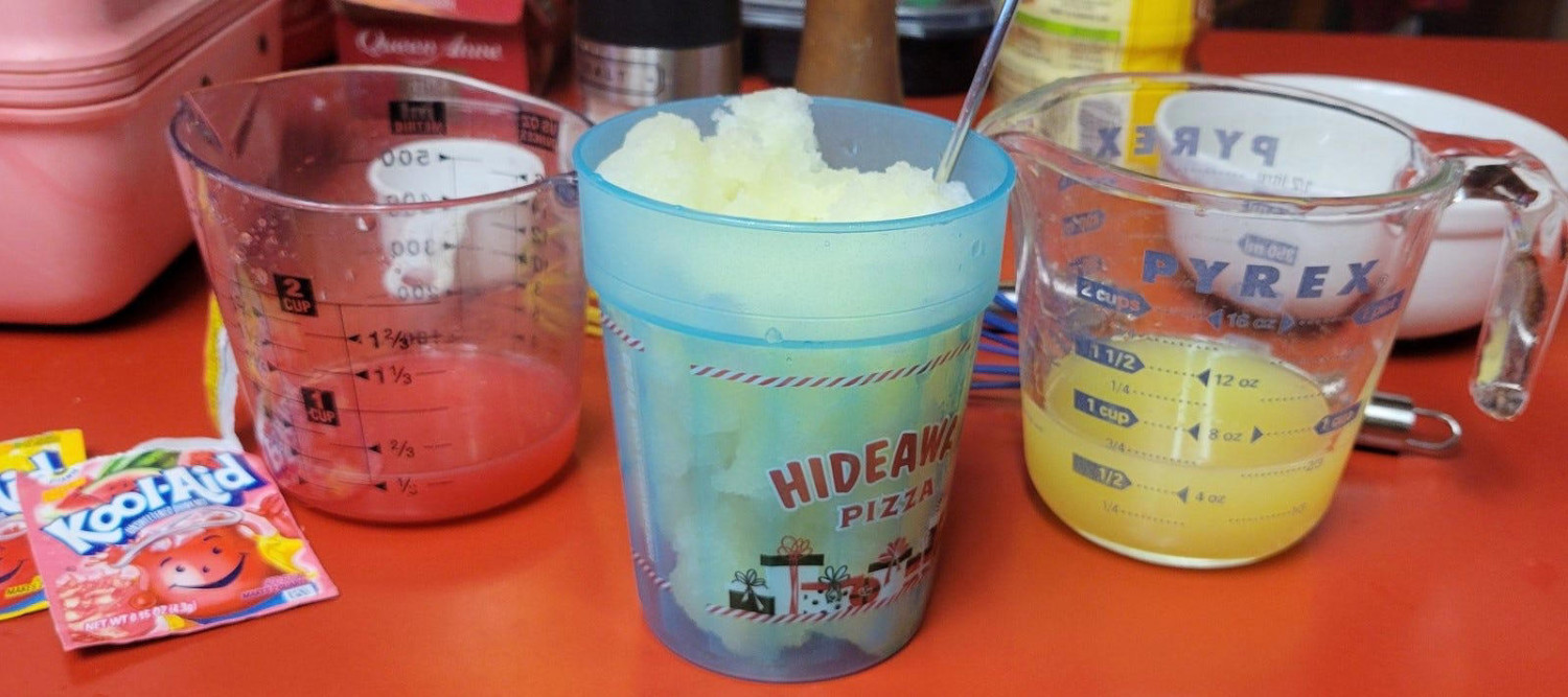 Classic snow ice cream, Snow ice cream with milk, Real-snow Kool-Aid snow cones, Coffee snow