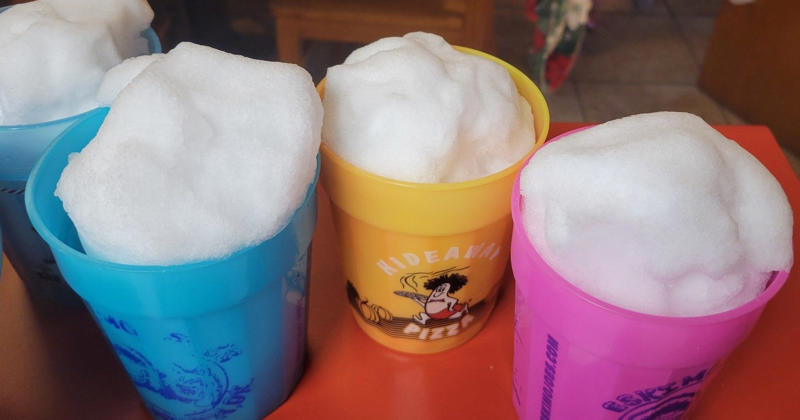 Classic snow ice cream, Snow ice cream with milk, Real-snow Kool-Aid snow cones, Coffee snow