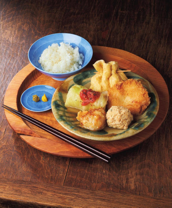 おかずもおつまみも“だし”は共通──昆布と鰹節, 下町フライ（４個分）, ねぎ豚巾着（４個分）, 鶏つくね（10個分）, 揚げ焼売（１個分）