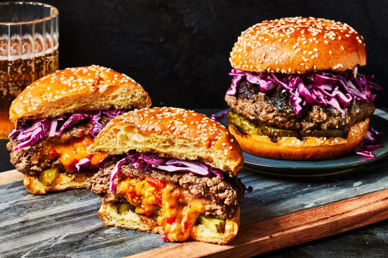 Grilled Burgers Stuffed with Pimiento Cheese, Super-Fast Classic Lasagna, Classic Meatloaf, Picadillo, Classic Beef Chili, Patty Melts with Charred Scallion–Chipotle Mayo, Beef and Cheese Red Chile Enchiladas, Bolognese Meat Sauce, Mini Potato, Steak, and Chorizo Pies, Ground Beef Bulgogi Sloppy Joes with Fiery Napa Slaw, Ground Beef Lasagna, Juicy Lucy Cheeseburger, Beef-and-Fonio Meatballs with Sweet Potato Stew, Lamb and Beef Burek, Poblanos Rellenos de Picadillo Dulce, Frito Pie, Gina Mae's Baked Beans, Baked Shells with Pesto, Mozzarella, and Meat Sauce, Japanese-Style Chili Burgers with Yuzu Mayo, Sogogi Oi Bokkeum (Korean Stir-Fried Cucumber and Beef), Tex-Mex Cavatappi, Grilled Meatballs with Mint and Za'atar, Garlic Beef and Onion Congee, Hamburger Helpa, Beef Keema, Mini Panamanian Beef Empanadas, Spiced Harissa Ragù with Tahini Yogurt, Beef and Vegetable Pot Pie with Cheddar Biscuits, Nachos in a Bag, Soboro Donburi (Gingery Ground Beef with Peas over Rice), Taco Dip, Hungarian Beef and Potato Soup, Thai-Style Beef Salad Over Angel Hair Pasta