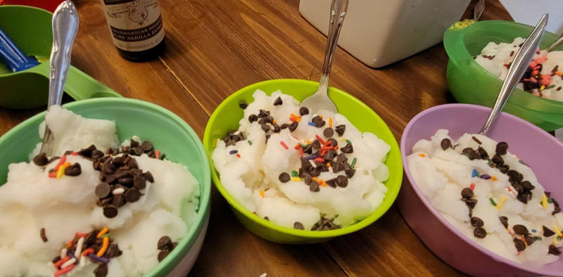 Classic snow ice cream, Snow ice cream with milk, Real-snow Kool-Aid snow cones, Coffee snow