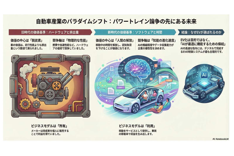 パワートレイン論争が起きた理由, 人間の時間と認知を扱う新しい軸, 所有からサービスへの転換, 既存メーカーが抱える構造的なズレ, 政策の焦点が移る先, 既存メーカーが物理資産を生かす道