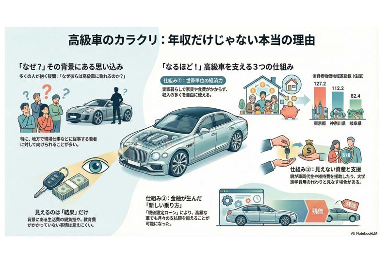 コミュニティーサイトで投げかけられた素朴な疑問, 投稿者が語った生活の実感, コメント欄に集まった多様な解釈, 世帯と地域がつくる消費の形, 金融と世帯が変えた所有の感覚, 地方で高級車が与えられる背景, 豊かさの象徴が映し出す社会の基盤