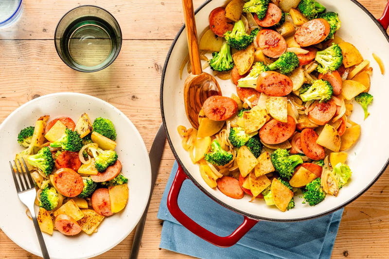 Easy Beef Krapow, Caramelized Cabbage Spaghetti, Tomato, White Bean, and Fennel Stew, Kielbasa, Potato, and Broccoli Skillet, Miso Glazed Salmon