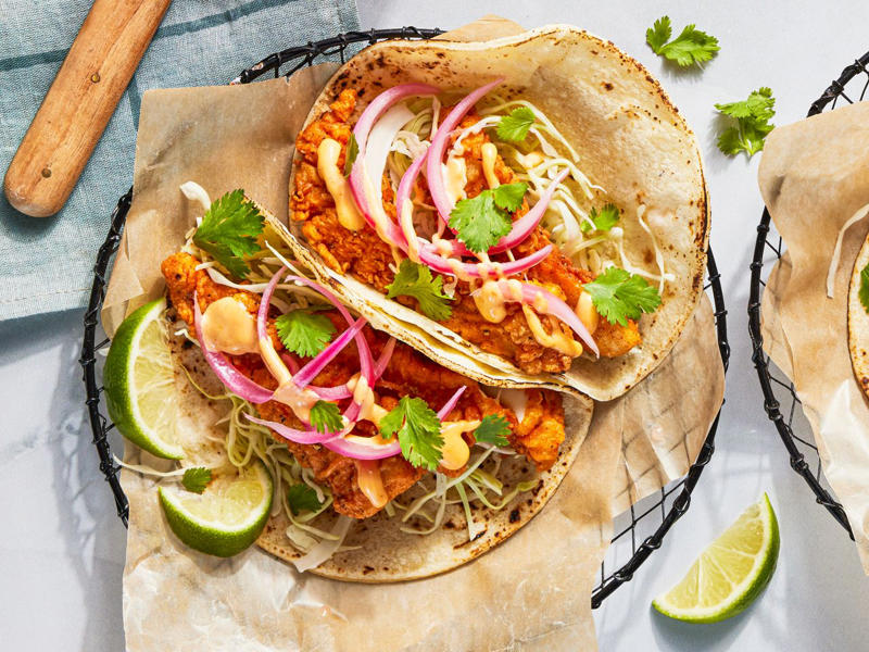 Easy Mexican Chorizo Tacos, Chicken Enchiladas Negras, Spicy Chicken Quesadillas, Easy Mexican Fried Rice With Chorizo and Pickled Jalapeños, Crunchy Fried Fish Tacos, Quick and Easy Huevos Rancheros, Mexican Street Corn Salad (Esquites), Spicy Mexican Shrimp Pasta, Sweet Potato, Sage, and Fried Egg Tacos, 5-Ingredient Black Bean Soup
