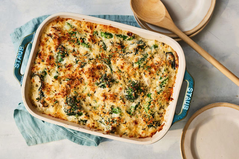 Chicken-And-Rice Bake With Broccolini, Chicken-And-Biscuit Casserole, BLT Pain Perdu Casserole, Macaroni Corn Casserole, Hashbrown Casserole, Old-Fashioned Chicken Pot Pie, Pineapple Casserole, New-School Pineapple Casserole, Ham And Noodle Casserole, Layered Squash Casserole, Hot Chicken Salad, Mini Cheese Grits Casseroles, Stuffed Ham-And-Cheese Croissant Casserole, Shrimp And Grits Casserole, Baked Ziti With Summer Vegetables, Poppy Seed Chicken, Chicken-And-Wild Rice Casserole, Chocolate Cobbler, Cakey Strawberry Cobbler, Pumpkin Crisp, Asparagus Casserole, Roasted Tomato Macaroni And Cheese, Pasta-Chicken-Broccoli Bake, Eggplant Rollups, Loaded Cauliflower Casserole, Everything Bagel Casserole, Old-Fashioned Apple And Cheese Casserole, Mushroom And Thyme Chicken-Broccoli Casserole, Cheesy Chicken Casserole, Meatball Casserole
