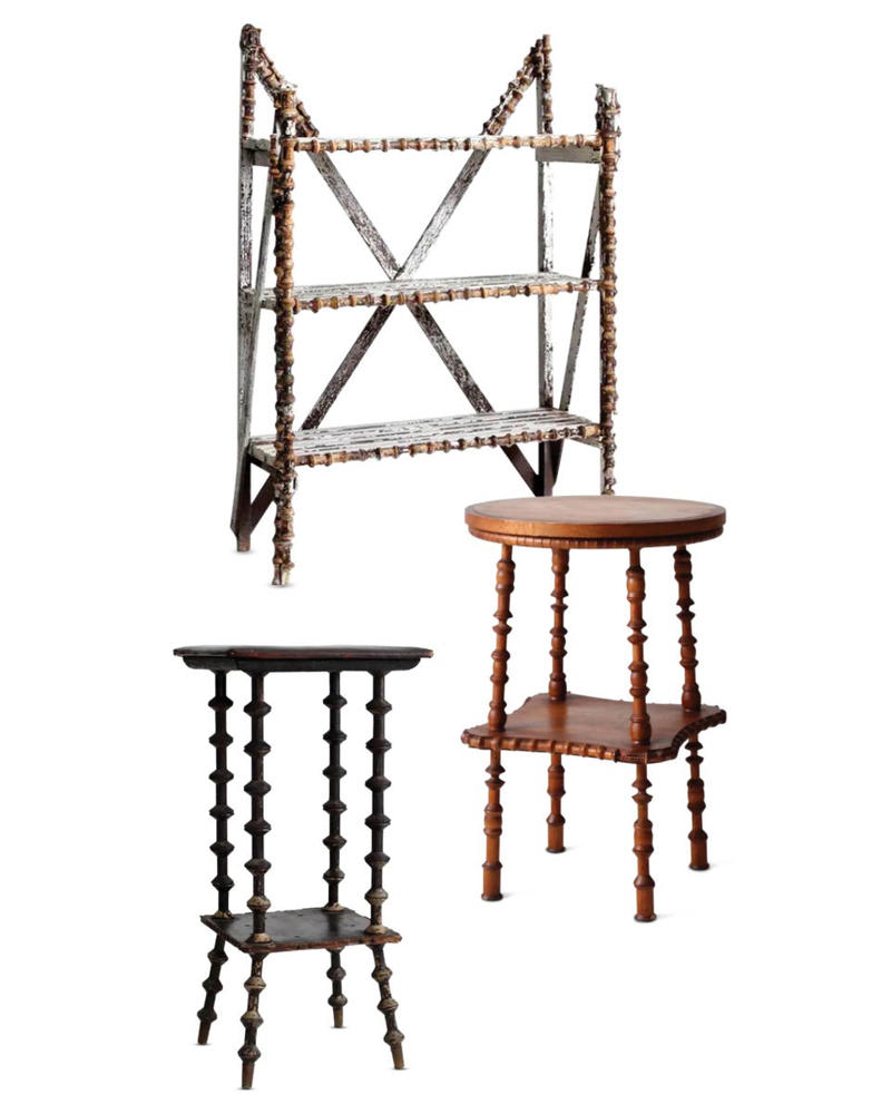 Barrister Bookcase, Micro Mosaic Frames, Andirons, Cuckoo Clocks, Bouillotte Lamps, George II Mirrors, Wooden Checker Boards, Spool Tramp Art Furniture, American Hooked Rugs