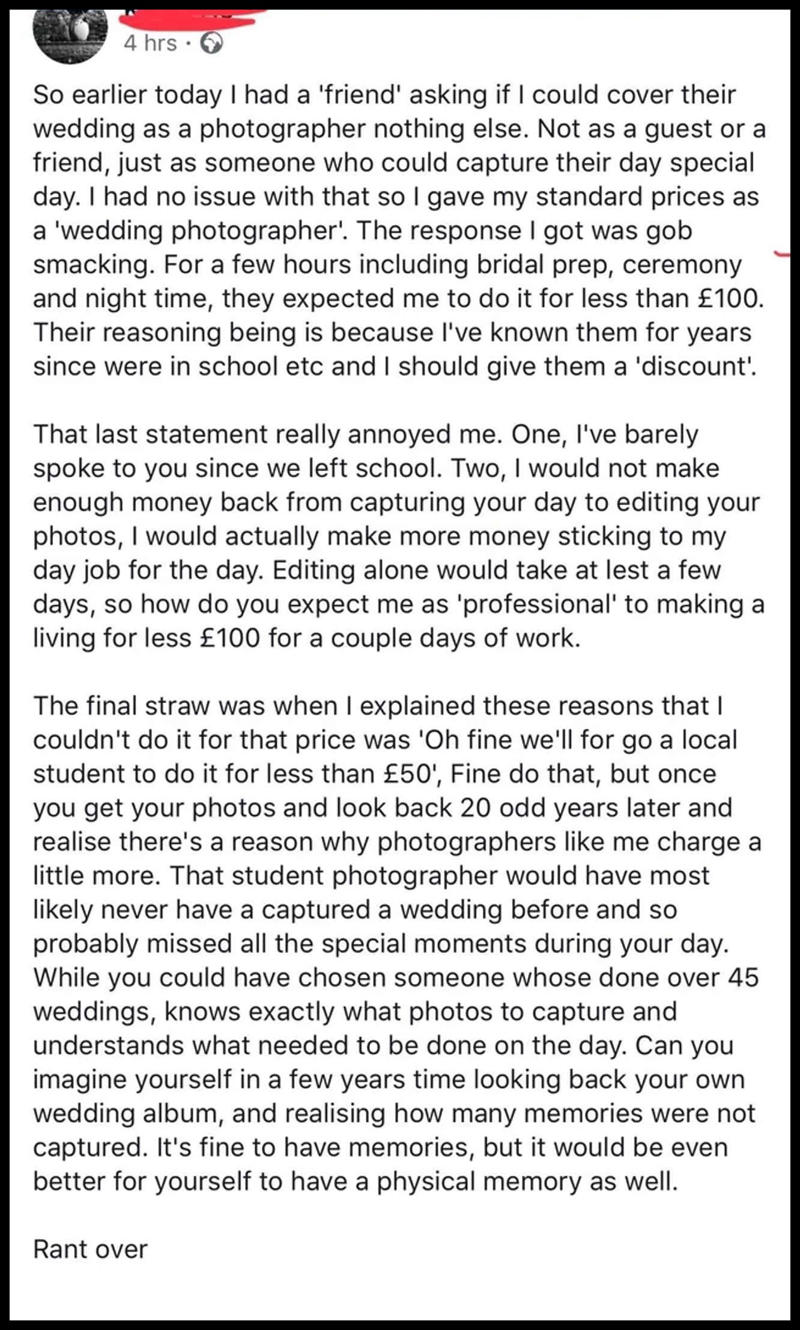 Holiday Guilt and Sob-Story Scams, Outrageous Online Haggle Requests, Playing the Sympathy Card, Freebies at Weddings, Babysitting, and Birthdays, Teaching a Lesson, Playing the Game, Water it Down, Wedding Snub, Six Strings, Zero Tact, Work for Free, Mates Rates, Dampen the Mood, How Sweet, Black Friday Disappointment, Throw the Book at Thieves, Thank You for Your Non-Service, Very Important Customer, Garage Sale Scandal, Say Yes to the Dress, Don’t Bite the Hand That Feeds You, Free Tickets?, What a Car Crash, Shape Up, When the Math Aint Mathing, All Vets Are Off, Driving Us Crazy, Daylight Robbery, Practically Perfect in Every Way, Birthday Present Backlash, A Big Ask, The Sausage Thief, Broken Record, No Good Deed Goes Unpunished, Dine and Dash, Points Were Made, Penny-Pinching Prenuptials, Clean Up Your Manners, Wife Material, True Bully, Think of the Children, Take It or Leave It, Hard Luck Tale, The Rich Get Richer, Teen Discount, Birthday Wishes, Pizza Party, Tinder Fail, Birthday Boldness, Trick or Treat?, Looking Back at It All, Why People Push For Discounts, When Asking Crosses The Line, How Sellers Can Handle It, Parting Thought: Be Human