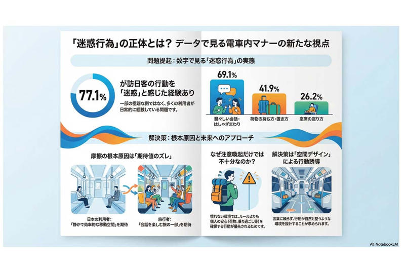 調査結果が映す鉄道利用の現場, 問題は「設備」ではなく「振る舞い」, 移動空間への期待の食い違い, 慣れ親しんだ行動の持ち込み, ルールを知っても動かない判断, 空間が行動を誘導する発想