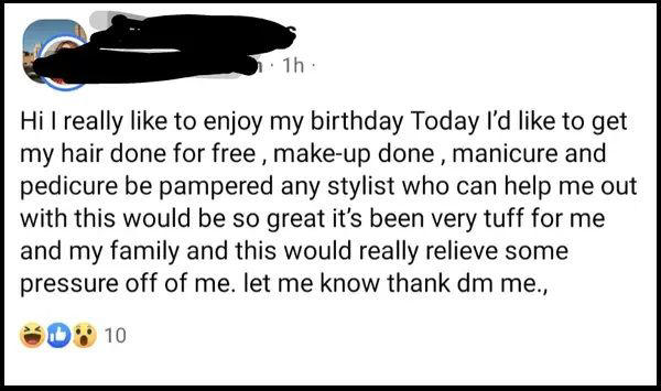 Holiday Guilt and Sob-Story Scams, Outrageous Online Haggle Requests, Playing the Sympathy Card, Freebies at Weddings, Babysitting, and Birthdays, Teaching a Lesson, Playing the Game, Water it Down, Wedding Snub, Six Strings, Zero Tact, Work for Free, Mates Rates, Dampen the Mood, How Sweet, Black Friday Disappointment, Throw the Book at Thieves, Thank You for Your Non-Service, Very Important Customer, Garage Sale Scandal, Say Yes to the Dress, Don’t Bite the Hand That Feeds You, Free Tickets?, What a Car Crash, Shape Up, When the Math Aint Mathing, All Vets Are Off, Driving Us Crazy, Daylight Robbery, Practically Perfect in Every Way, Birthday Present Backlash, A Big Ask, The Sausage Thief, Broken Record, No Good Deed Goes Unpunished, Dine and Dash, Points Were Made, Penny-Pinching Prenuptials, Clean Up Your Manners, Wife Material, True Bully, Think of the Children, Take It or Leave It, Hard Luck Tale, The Rich Get Richer, Teen Discount, Birthday Wishes, Pizza Party, Tinder Fail, Birthday Boldness, Trick or Treat?, Looking Back at It All, Why People Push For Discounts, When Asking Crosses The Line, How Sellers Can Handle It, Parting Thought: Be Human