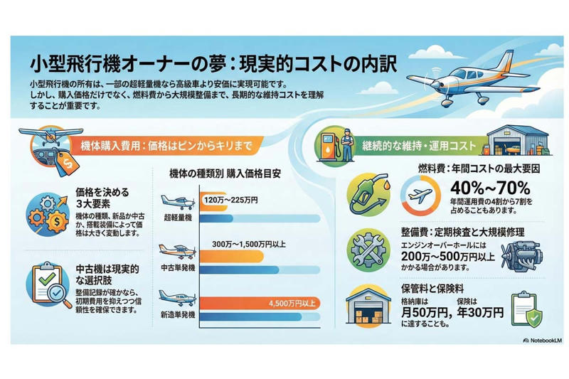 小型飛行機という選択肢の現実, 軽スポーツ機と多発機の価格差, 燃料と整備が左右する維持費, 購入後に問われる長期コスト感覚