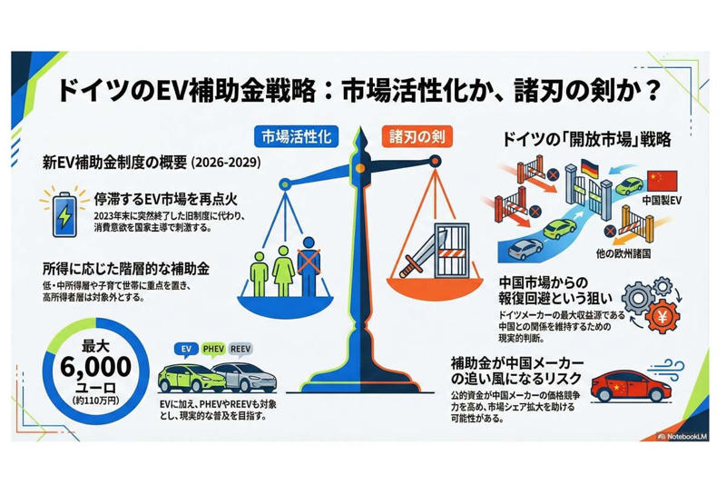 30億ユーロ規模の購入支援、低・中所得層に集中投下, 中国メーカーを排除しない異例の方針, ID.Poloに見る低価格帯EVの苦境, 関税回避と助成活用で拡大する中国勢, 欧州EV政策の試験場となるドイツ