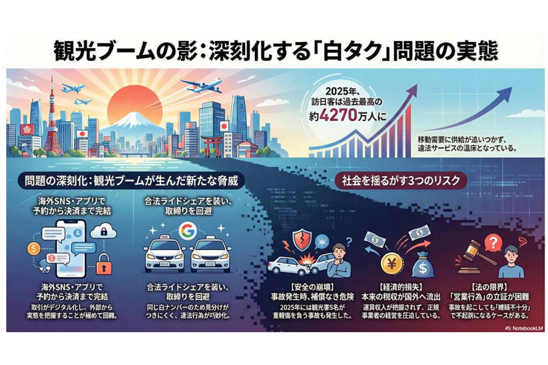 インバウンド回復で表に出た「移動」の綻び, デジタル化で姿を変えた違法送迎, 制度の外で回る収益と正規事業者の負担, 事故が起きて初めて見える脆さ, 法の網をすり抜ける構造への向き合い方