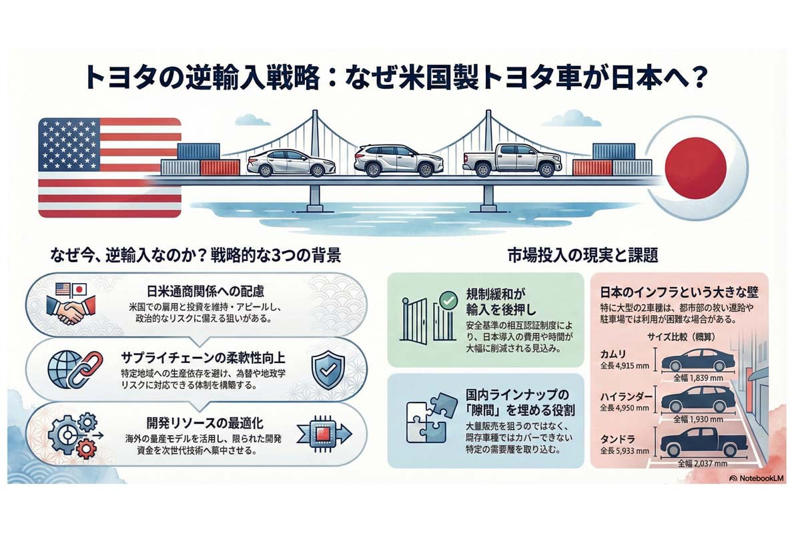 米国生産車の逆輸入という異例の一手, 逆輸入を現実にする制度変更の追い風, 量販ではなく「市場の隙間」を突く商品戦略, 日本市場固有のインフラ制約という壁, 相互融通型貿易への転換点