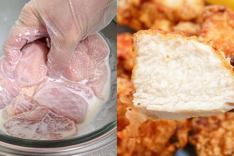 ■鶏むね肉を牛乳で揉む「手タンブリング」, ■手タンブリングしてそのままから揚げに, ■あまりのジューシーさに驚き, ■レンチンでもしっとり調理