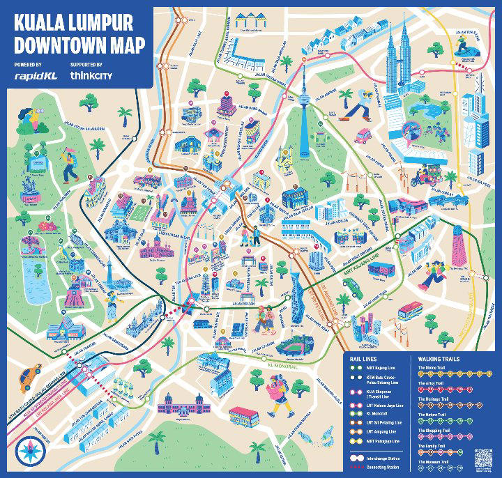Kuala Lumpur Downtown Map, The Heritage Trail, The Museum Trail, The Artsy Trail, The Nature Trail, The Divine Trail, The Shopping Trail, The Family Trail, Download MyRapid PULSE to view the maps in full resolution