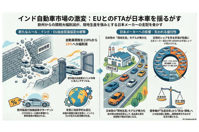 インド市場を巡る欧州の包囲網, 日本メーカーが築いた牙城, トランプ政権が招いた亀裂, 経済回廊が作る新たな動脈, 現地化か多角化か――企業の選択, 変わりゆく産業地図, トランプ保護主義が暴いた日本勢の脆弱性