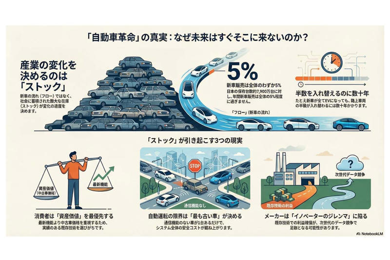 線としての技術、面としての社会, 新車はフロー、社会を支配するのはストック, 消費者の残価信頼, 主要国ロードマップに秘められた余白, 理想のAIロボット、現実のレガシー在庫, 収益源と競争軸のねじれ