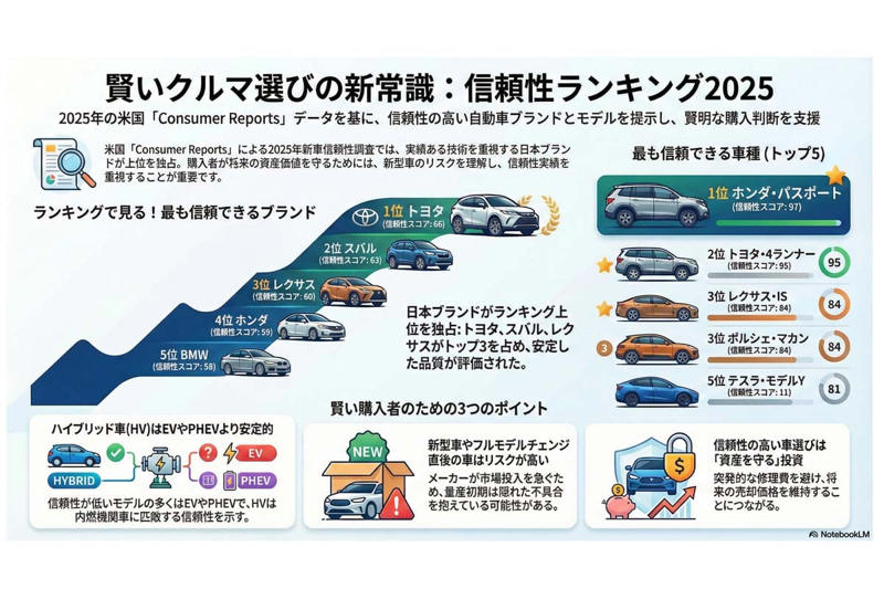 信頼性で選ぶ新車と中古車の経済価値, 日本車が示す信頼性の価値, ブランド信頼性と企業収益への影響, EVとHVの信頼性格差が示す収益構造, 車種別信頼性ランキングが示す北米市場の実情, 複雑化と不具合回避の価値
