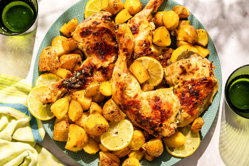 Sheet Pan Chicken with Asparagus and Potatoes, Grandma Pizza, Roasted Eggplant and Butternut Squash with Tahini-Yogurt Sauce, Greek-Style Roast Chicken, Sheet Pan Salmon With Feta Sauce, Sheet Pan Gnocchi With Mushrooms, Sausage, and Kale, Honey Roasted Chicken Thighs with Potatoes, Apples, and Shallots, Easy Asparagus Tart, Sheet Pan Sausage, Peppers, and Onions, Sheet Pan Biftekia with Lemony Potato Wedges, Loaded Sheet Pan Nachos, Sheet Pan Salmon With Asparagus, Sheet Pan Chicken with Roasted Broccoli and Potatoes, Meat Lovers' Sheet Pan Pizza, Loaded Sheet Pan Quesadillas, Salmon with Potatoes and Pesto