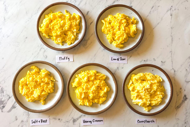 How I Tested All 5 Scrambled Egg Methods, Method: Low and Slow, Method: “Fluffy” (Whole Milk + Heavy Whisking), Method: Salt + Rest , Method: Heavy Cream , Method: Cornstarch