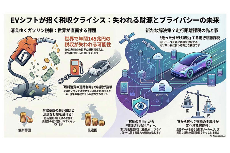 EV普及が招く税収危機, 年145兆円の税収が揺らぐ世界, 低所得国に迫られる制度改革, 走行距離課税という選択肢, 匿名性が失われていく移動