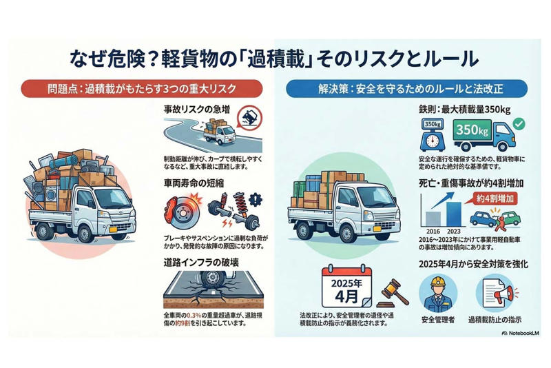 軽貨物車両にも最大積載量が存在する理由, 過積載が招く制動距離の延長と事故リスク, 道路インフラを守るための重量管理, 強化される安全対策と事業者の責任
