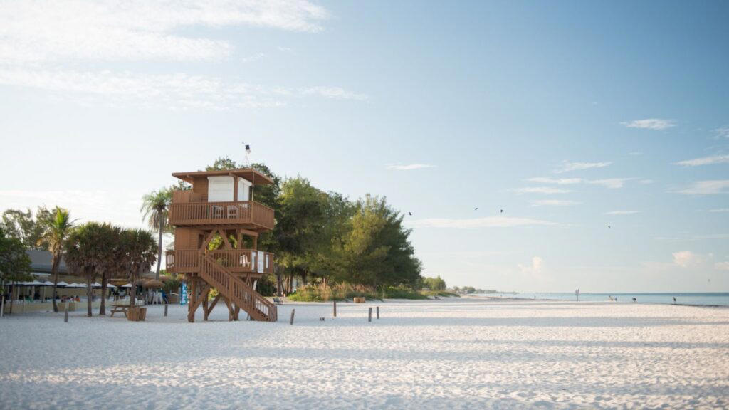 1. Clearwater Beach, 2. Siesta Beach, 3. Cocoa Beach Pier, 4. Anastasia State Park Beach, 5. Stuart Beach, 6. Red Reef Park, 7. Manatee Public Beach, 8. Fort De Soto Park, 9. Deerfield Beach, 10. Hollywood Beach, 11. Crandon Park Beach, 12. Clam Pass Park Beach, 13. Grayton Beach State Park, 14. Russell-Fields City Pier and Beach