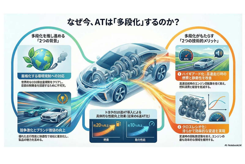 ATの8速化・9速化・10速化の進展理由, ハイギアード化とクロスレシオ化, WLTC導入とEU規制への対応, CVTとの効率比較と市場戦略
