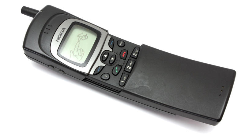 1. Nokia 8110, 2. Sony Ericsson W800, 3. Motorola Razr, 4. Motorola Flipout, 5. Nokia 3310, 6. Nokia 9000, 7. LG Chocolate, 8. Nokia 5110, 9. Motorola StarTAC, 10. Ericsson R380, 11. BlackBerry Bold 9000, 12. LG Rumor Touch, 13. BlackBerry Curve 8900, 14. Motorola Pebl, 15. HTC Legend, 16. Samsung Galaxy Note, 17. iPhone 4/4S, 18. LG U8110, 19. Nokia 7280, 20. BlackBerry Pearl