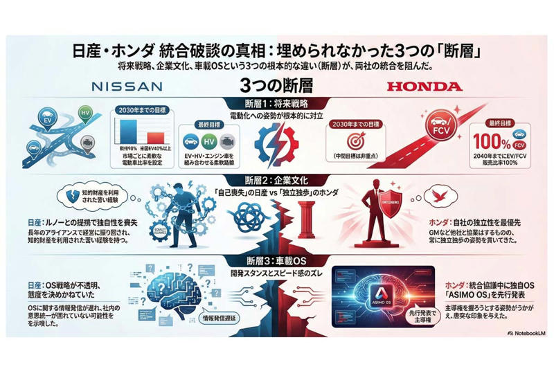 日産・ホンダ「将来戦略の断層」, 日産とホンダの「文化の断層」, 日産とホンダの「車載OSの断層」, ホンダに足りなかった「したたかさ」
