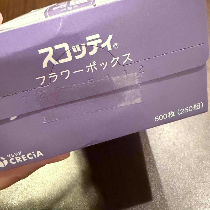 【1】箱の横部分を片側だけ開け、ティッシュを取り出す, 【2】ティッシュを半分に切る, 【3】ティッシュを箱に戻し、横部分をセロテープで留める, 【4】ティッシュの取り出し口の左右3分の1ずつを切り取る, 【5】両方の口からティッシュを出して完成