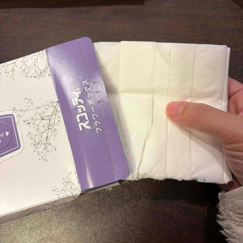 【1】箱の横部分を片側だけ開け、ティッシュを取り出す, 【2】ティッシュを半分に切る, 【3】ティッシュを箱に戻し、横部分をセロテープで留める, 【4】ティッシュの取り出し口の左右3分の1ずつを切り取る, 【5】両方の口からティッシュを出して完成