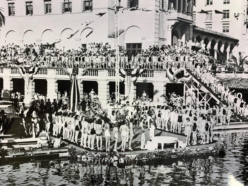 Events such as beauty pageants and swimming competitions were held at the Biltmore. Today, the hotel is loved by high-profile figures., Inside, the hotel has kept its original, century-old lobby., The lobby decorations match the hotel's historic, elevated vibe., The lobby also serves as a dining area for afternoon tea., Downstairs, the hotel's Fontana restaurant partially sits in an open-air courtyard., Fontana serves Italian-inspired dishes., Brandi's, the hotel's dark, moody bar, draws inspiration from the Biltmore's past., At the 600-gallon pool, there's poolside dining and nine private cabanas., The Biltmore's clubhouse is the center of events at the property., Next to the course are spaces for relaxing and socializing., Tucked in the clubhouse, there's also a members-only lounge.