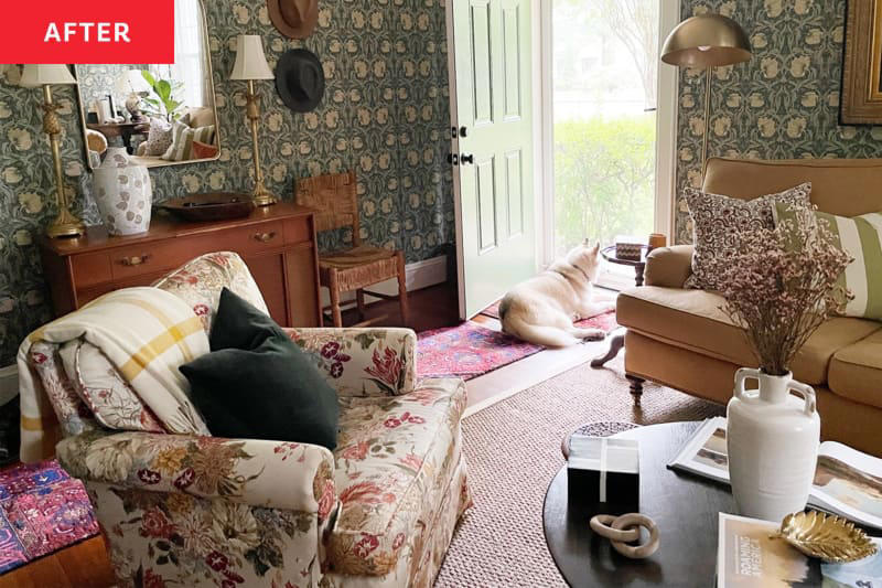 A first-round paint job inspired a completely different second-round one., "English cottage" became the inspiration for the design., Going all-in on wallpaper brought this space to life., Furniture and other cottage-inspired accents bring it all together., Further Reading