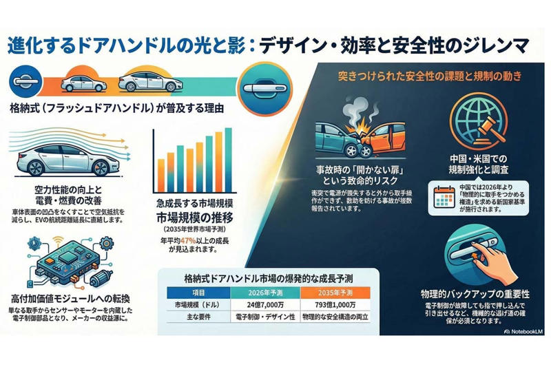 次世代ドアハンドルの格納化, ドアハンドル平面化の背景, フラッシュドアハンドルが抱える課題, 安全・機能両立フラッシュドアハンドル成長期待, 「開くクルマ」への転換