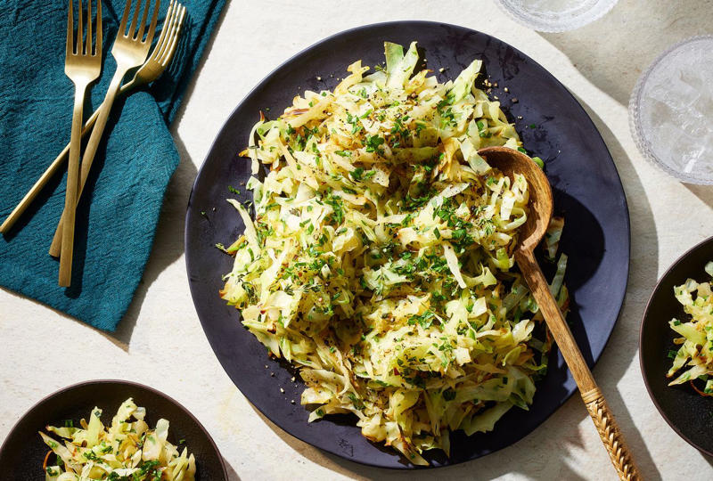 Charred Cabbage Salad with Pecan Dukkah and Chile-Lime Butter, One-Pot Creamy Cabbage Pasta, Korean Cabbage Pancakes, Buttery Irish Cabbage, Apple Cider–Braised Cabbage, Gingery Creamed Kale and Cabbage, Caramelized Cabbage with Caraway-Chili Crisp, Charred Cabbage with Coconut, Garlic, and Chili Crisp, Cabbage and White Bean Soup with Crispy Prosciutto, Feta and Cabbage Pierogi, Coconut-Lime Chicken and Cabbage Salad, Charred Cabbage with Ssamjang Butter, Coconut-Cabbage Soup with Lemongrass, Braised Chicken Thighs with Sauerkraut, Sautéed Cabbage with Herbs, Niños Envueltos Dominicanos (Dominican Stuffed Cabbage Rolls), Mul Kimchi (White Kimchi), Red Cabbage Salad with Baked Cherries, Apples, and Almond Dukkah, Buttery Cabbage-and-Sausage Pasta, Lillian’s Whole Stuffed Cabbage, Classic Coleslaw, Cabbage and Speck Panade, Braised Red Cabbage with Apples and Bacon, Napa Cabbage Pockets with Tofu, Pan-Seared Skirt Steaks with Carrot Puree and Braised Cabbage, Vigorón (Nicaraguan Cabbage and Yuca with Chicharrones), Charred Cabbage Wedges with Anchovies and Parmesan, Corned Beef and Cabbage, Quick Red Cabbage Slaw, Potato and Smoked Fish Cabbage Rolls, Red Cabbage Salad with Fennel, Orange, and Pepitas, Avocado and Cabbage Slaw, Meat-Stuffed Cabbage Cakes, Red Cabbage Stir-Fry with Coconut