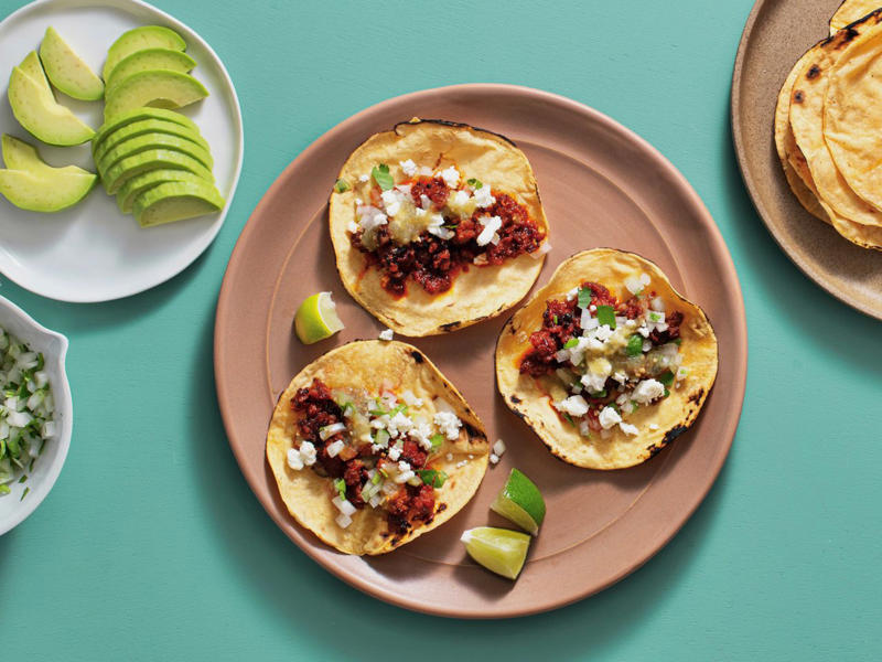 Easy Mexican Chorizo Tacos, Chicken Enchiladas Negras, Spicy Chicken Quesadillas, Easy Mexican Fried Rice With Chorizo and Pickled Jalapeños, Crunchy Fried Fish Tacos, Quick and Easy Huevos Rancheros, Mexican Street Corn Salad (Esquites), Spicy Mexican Shrimp Pasta, Sweet Potato, Sage, and Fried Egg Tacos, 5-Ingredient Black Bean Soup