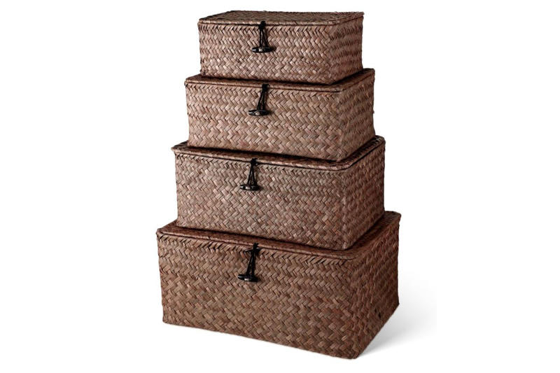 Interior Designer-Approved Decor Picks That Won’t Age Your Home, Outdated Trend #1: Impractical minimalism, Nakpunar 8.5-Ounce Clear Glass Bottle, Woanger Set of 4 Wicker Storage Baskets, Outdated Trend #2: Mass produced, polished wood, Artissance Handmade Wooden Entryway Bench, Dn Deconation Decorative Bowl, Outdated Trend #3: Millennial grey (or white) bathrooms, Jurath Wooden Step Stool, Arogan Luxury Bathroom Runner, Primo Supply Modern Round Trash Can, Outdated Trend #4: All brass everything, Quipzora Boho Rattan Lamp, Vixdonos Set of 3 Natural Stone Candle Holders, Outdated Trend #5: Matchy-matchy decor sets, Ggstudy Antique Brass Bathroom Faucet, Furbish 8x14-Inch Needlepoint Decorative Throw Pillow, Koville Natural Decorative Marble Tray, Outdated Trend #6: Generic, overstuffed bookshelves, GeLive Rustic White Ceramic Vase, S Forever Leopard Tissue Box Cover, Joombe Golden Parrot Decorative Bookends