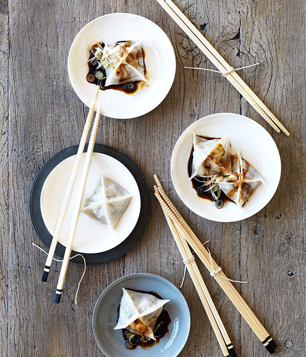 Our best dumpling recipes,          Kylie Kwong’s prawn dumplings with organic tamari and chilli dressing      ,          Crisp pork and ginger gyozas with sesame rayu      ,          Spicy Sichuan-style lamb dumplings with chilli oil      ,          Poached pork and garlic chive dumplings (Jiu cai jiaozi)      ,          Crab xiao long bao      ,          Pork, scallop and sticky rice siu mai      ,          Pork dumplings with black vinegar and ginger      