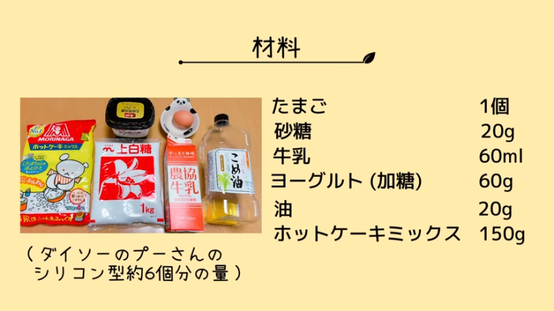 ①　耐熱ボウルにたまごを割り入れ、ほぐす, ②　①のボウルに砂糖を加えて混ぜる, ③　②に牛乳とヨーグルトを加えて混ぜる, ④　③に油を入れて混ぜる, ⑤　④にホットケーキミックスを入れて混ぜる, ⑥　シリコン型に④の生地を流す, ⑦　600Ｗの電子レンジで約3分30秒〜4分30秒加熱する, ⑧　完全に冷めたら型から外す, ⑨　使用したシリコン型を洗い、水分をよく拭きとる, ⑩　耐熱ボウルに板チョコを割り入れ、600Wの電子レンジで約1分～1分20秒加熱する, ⑪　シリコン型にチョコを流し入れる, ⑫　チョコの上にスポンジをのせ、冷蔵庫で40分～50分冷やす, ⑬　冷蔵庫から出したら、型から外して完成！