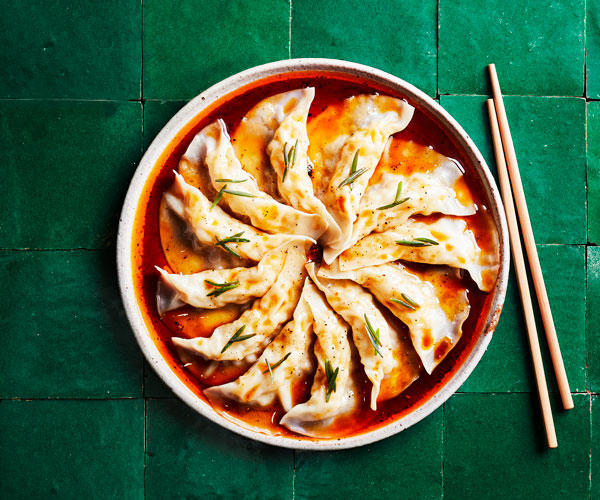 Our best dumpling recipes,          Kylie Kwong’s prawn dumplings with organic tamari and chilli dressing      ,          Crisp pork and ginger gyozas with sesame rayu      ,          Spicy Sichuan-style lamb dumplings with chilli oil      ,          Poached pork and garlic chive dumplings (Jiu cai jiaozi)      ,          Crab xiao long bao      ,          Pork, scallop and sticky rice siu mai      ,          Pork dumplings with black vinegar and ginger      