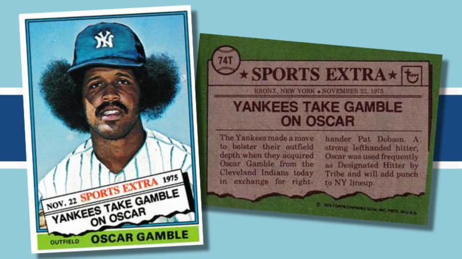 1976 Topps Traded Oscar Gamble, 1976 Topps Johnny Bench, 1977 Topps Mark Fidrych, 1978 Topps Reggie Jackson, 1983 Topps Traded Darryl Strawberry