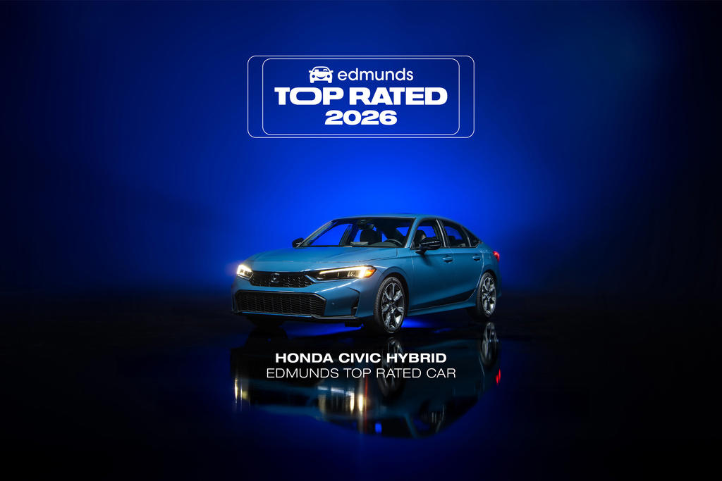 Edmunds Top Rated Car: Honda Civic Hybrid, Edmunds Top Rated Electric Car: Tesla Model 3, Edmunds Top Rated SUV: Hyundai Palisade Hybrid, Edmunds Top Rated Electric SUV: Hyundai Ioniq 5, Edmunds Top Rated Truck: Ford Maverick, Edmunds Top Rated Electric Truck: Rivian R1T