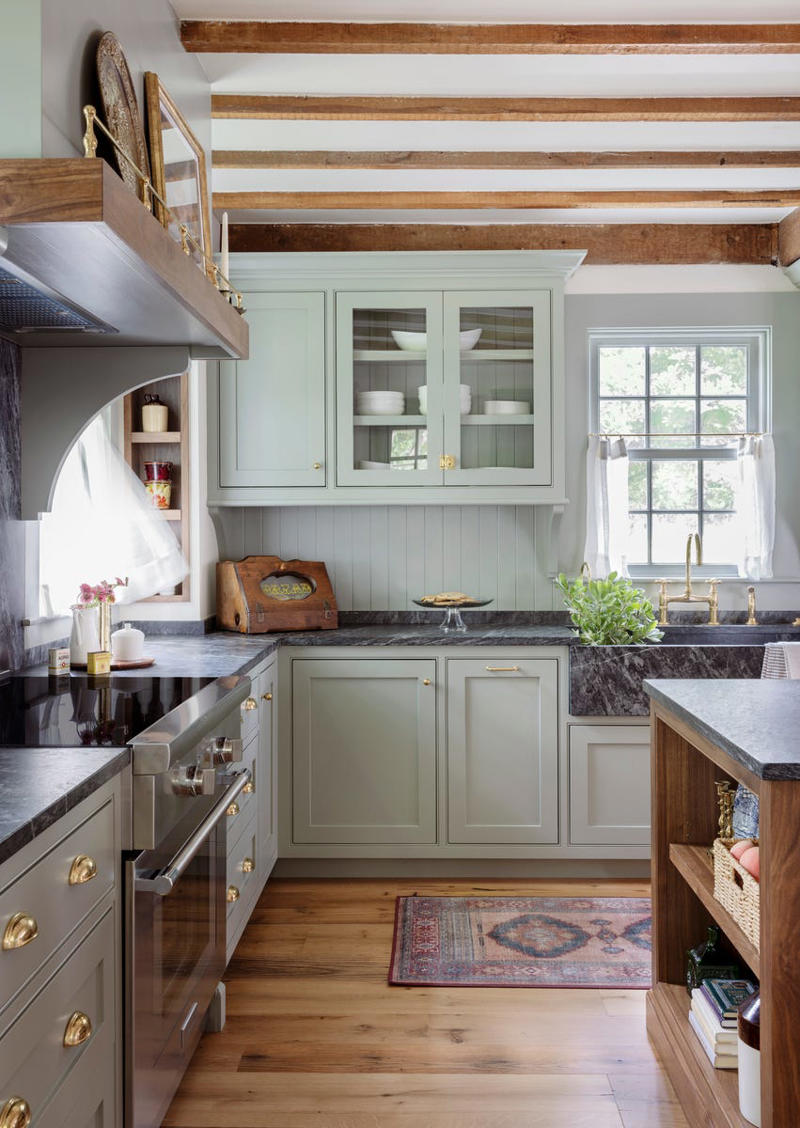 Seapearl by Benjamin Moore, Pigeon by Farrow & Ball, Lichen by Farrow & Ball, Swiss Coffee by Behr, Dutch Tile Blue by Sherwin-Williams