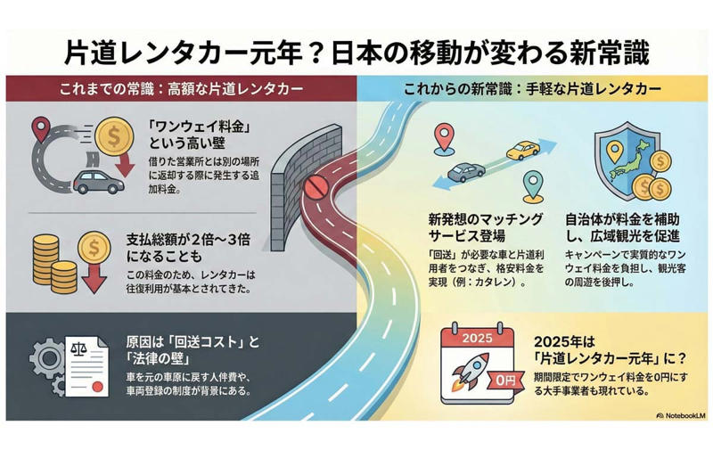 高すぎる「ワンウェイ料金」がつくってきた日本の常識, 片道利用が変える移動の組み立て方, 空港をまたぐ周遊を後押しする仕組み, 車庫法と回送の現実, カーシェア解禁が示した可能性と限界, 現行法の中で動き始めた事業者たち